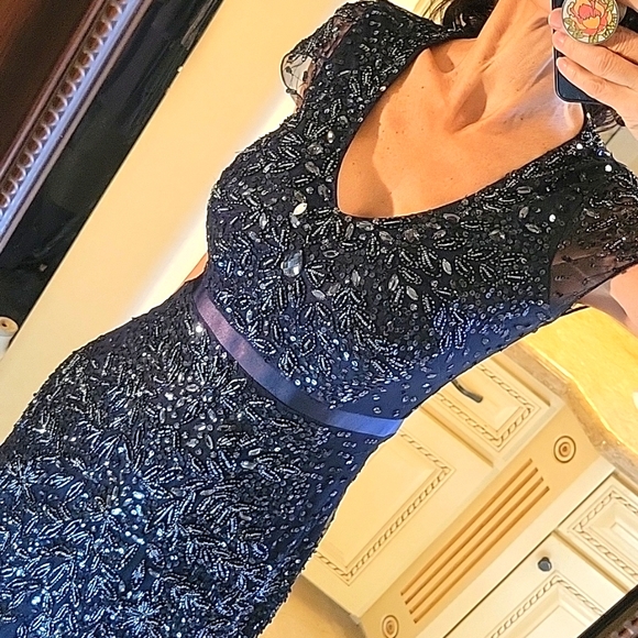 Adrianna Papell Midnight Blue Sequined Gown, Sz 2 - Picture 15 of 17